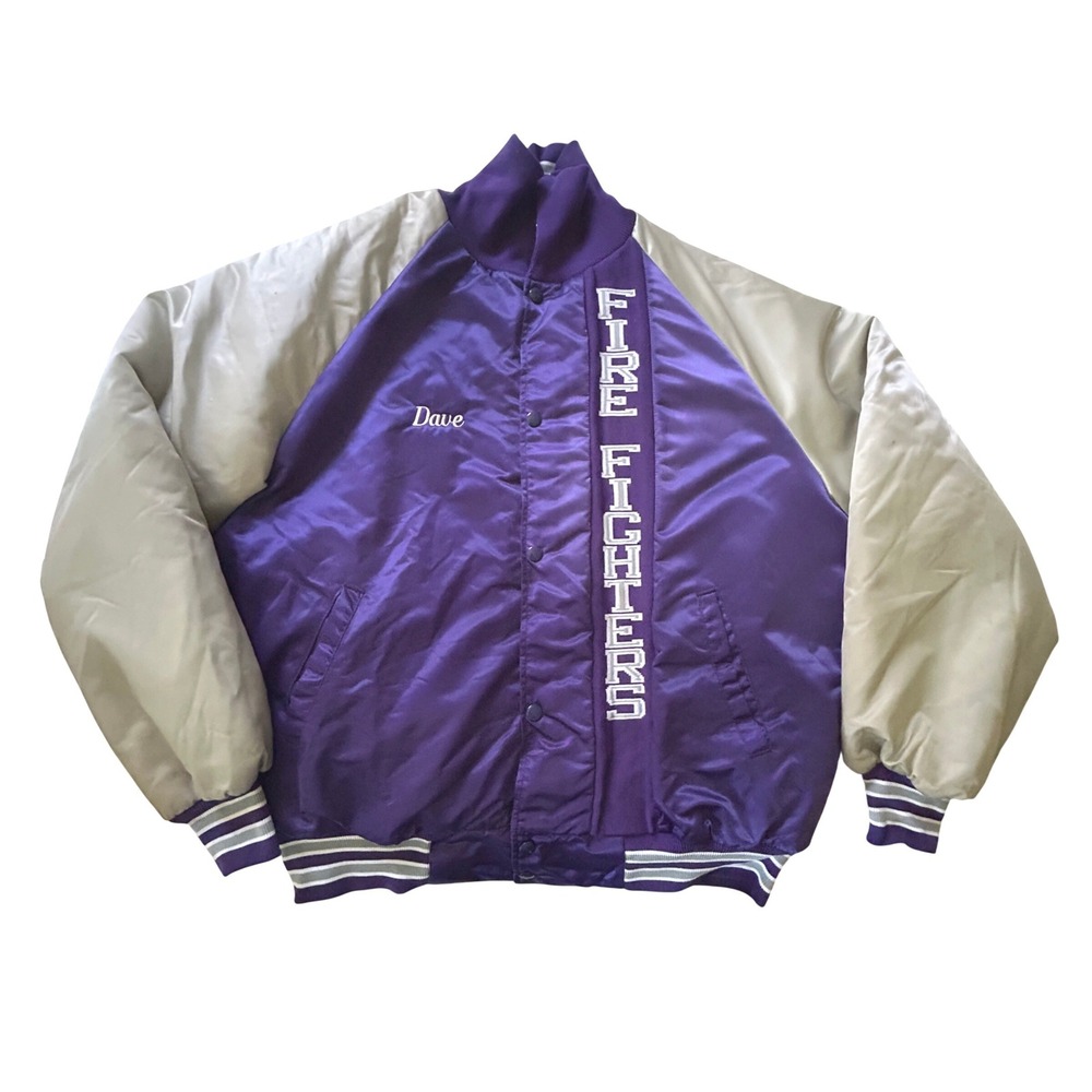 Vintage Onalaska Fire Department Satin Bomber Jacket XL Purple Quilted Utility